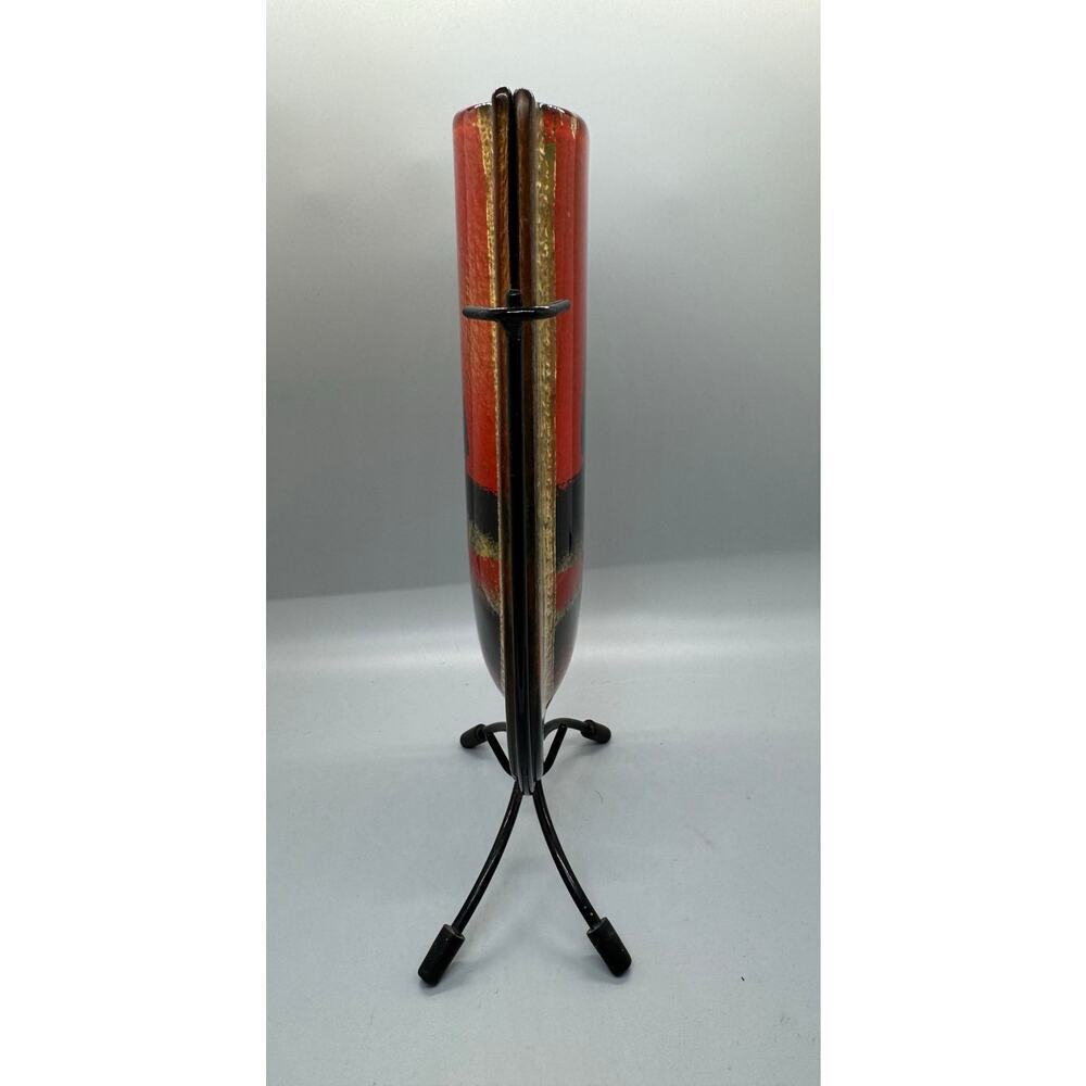 Vintage Jasmine Art Glass Vase in Metal Stand Black Gold Red Green Trees Vibrant - Picture 13 of 13